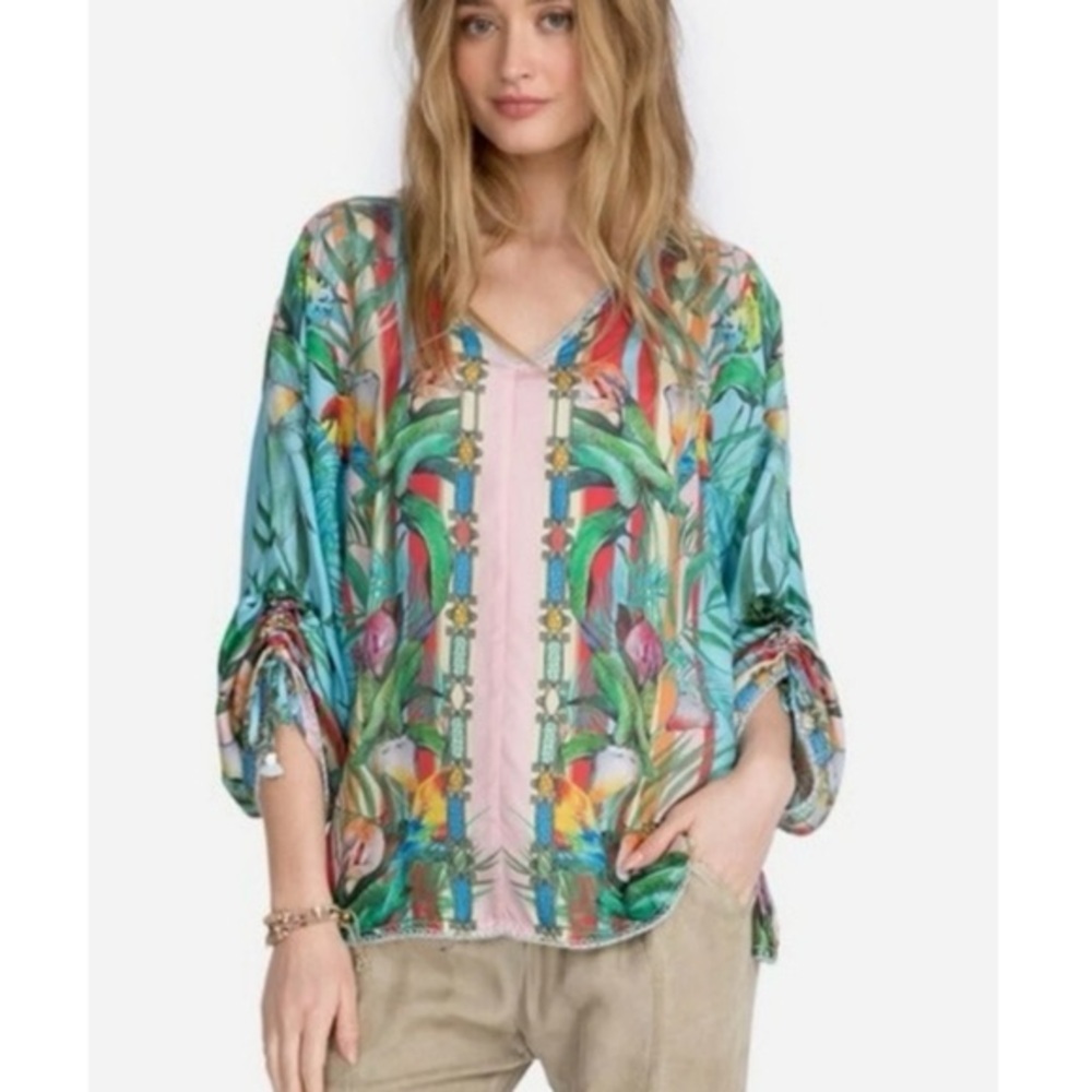 Johnny Was Silk Capri Blouse Bird Print